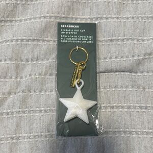 NWT Limited Edition Starbucks Sparkle White Star Lid Stopper with Gold Keychain